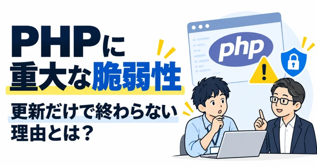 PHPの重大な脆弱性と、バージョンアップだけでは不十分な理由を解説するイラスト